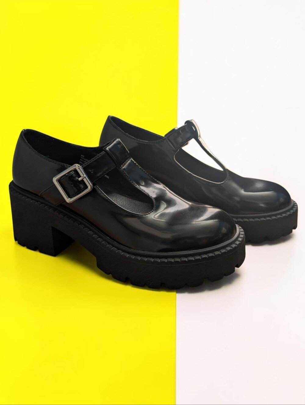 Black, Shiny, Chunky Madden Girl Mary Jane Women's Platform T-Strap Shoes